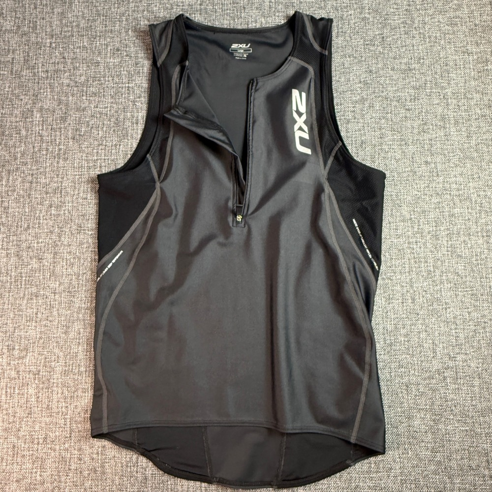 Mens 2XU Triathlon Singlet | Size Large | Black Grey 1/4 Zip Compression Tank